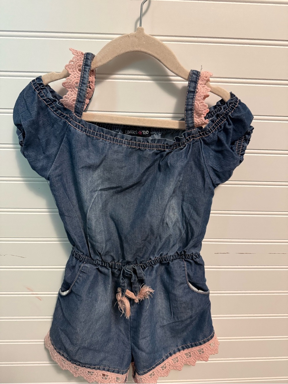 Limited Too Vintage Girls' Blue Denim Romper with Pink Lace Trim 24M